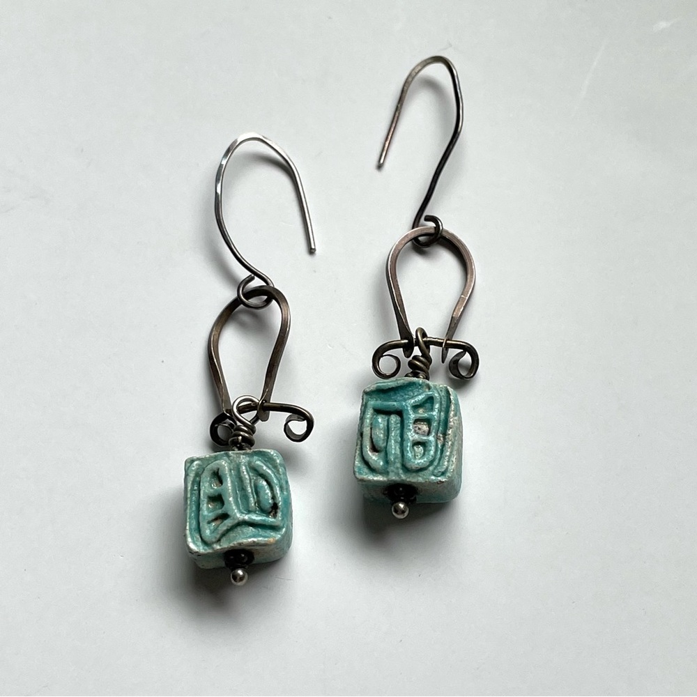 Unique vintage silver? & faience pottery bead dangle earrings